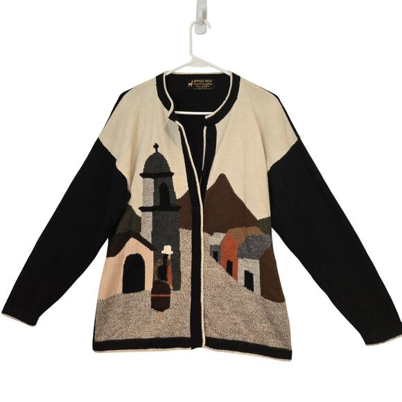 Vintage Royal Inca Imports by Lillian 100% Alpaca Peru Village Scene Cardigan - Picture 1 of 9